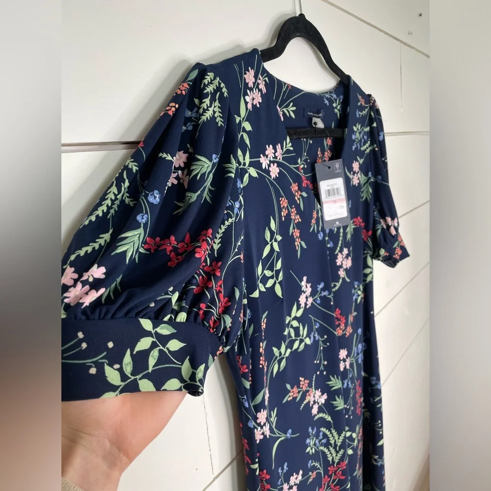 Tommy Hilfiger A-Line Dress 10 NWT Navy Blue Dark Floral Stretch Puff Sleeve - Picture 6 of 9
